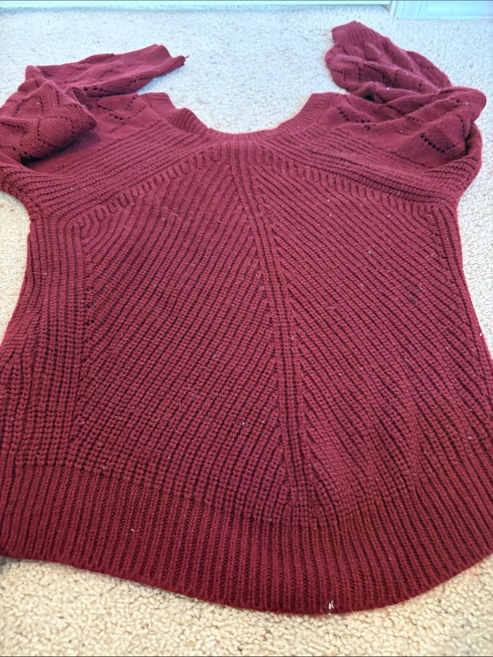 Cozy Women's Crewneck Cable Sleeve Sweater - Wine Red - Picture 6 of 8